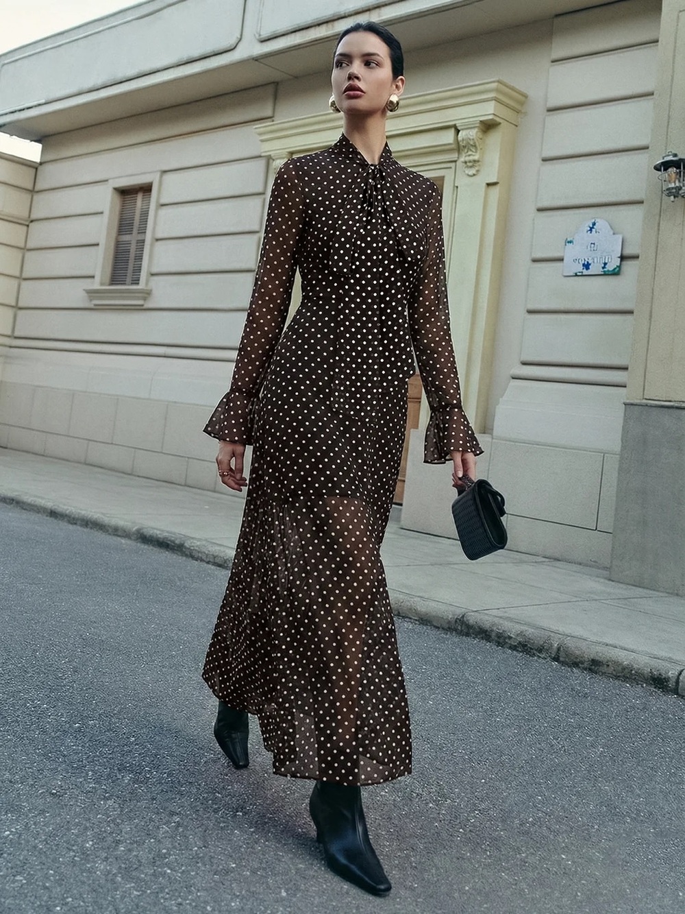 Commense Polka Dot Chiffon Tie-Neck Flared Cuff Maxi Dress NWT Large